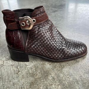Brighton Vintage Woven Leather Western Boots Croc Embossed Silver Buckle